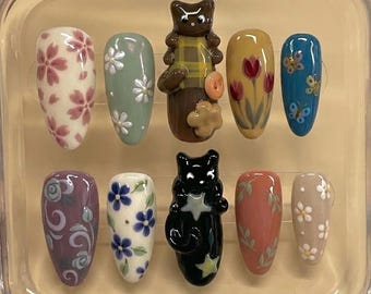Handmade Cute Animal Press On Nails | Bear and Cat 3D, Pastel Florals & Garden Art | Long Almond Nails For Playful Cozy Vibes