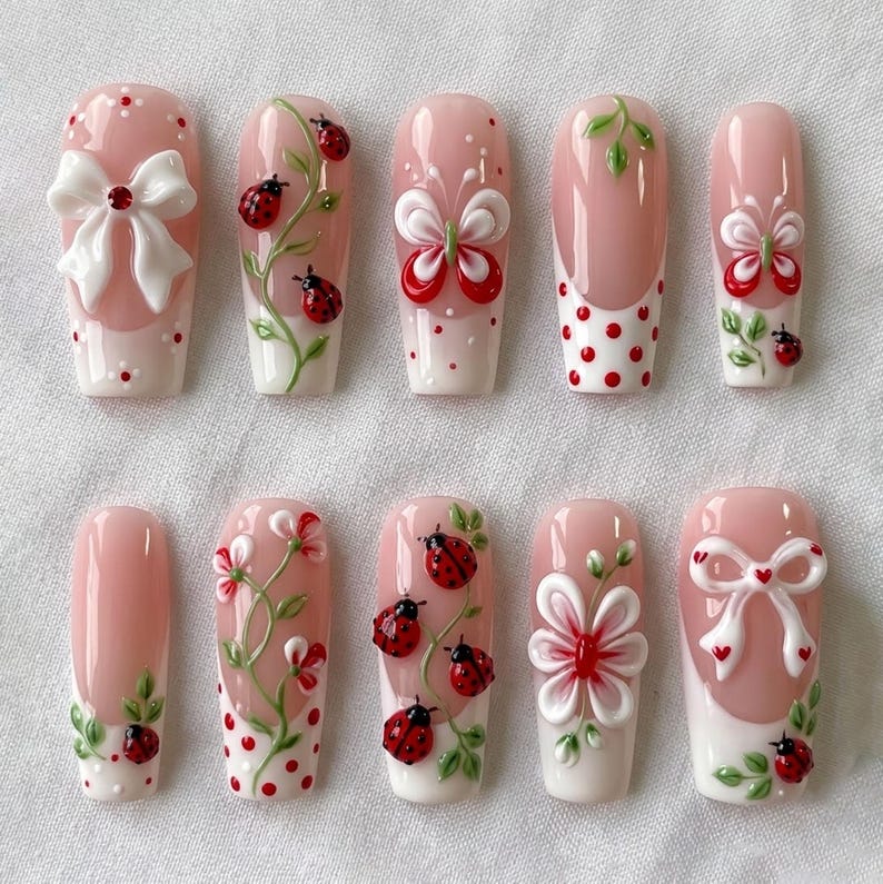Handmade Kawaii Floral Press On Nails | 3D Ladybug & Bow Garden Art | Soft Pink Romantic Almond Nail Set