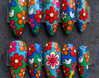 Retro Flower Power Press On Nails Colorful 70s Floral Nails Hippie Daisy Bird Nails Handmade Reusable Nail Set