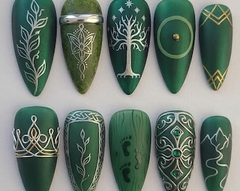 Handmade Elven Forest Press On Nails | Tree of Life, Leaf & Celtic Fantasy Art | Emerald Green Fantasy Almond Nail Set