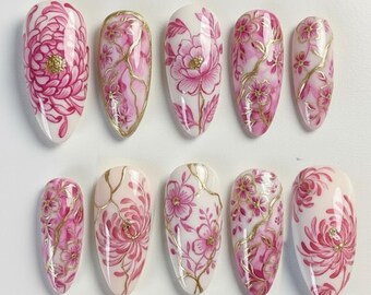 Handmade Pink Flower Press On Nails | Gold Accent Hand Painted Art | Long Almond Feminine