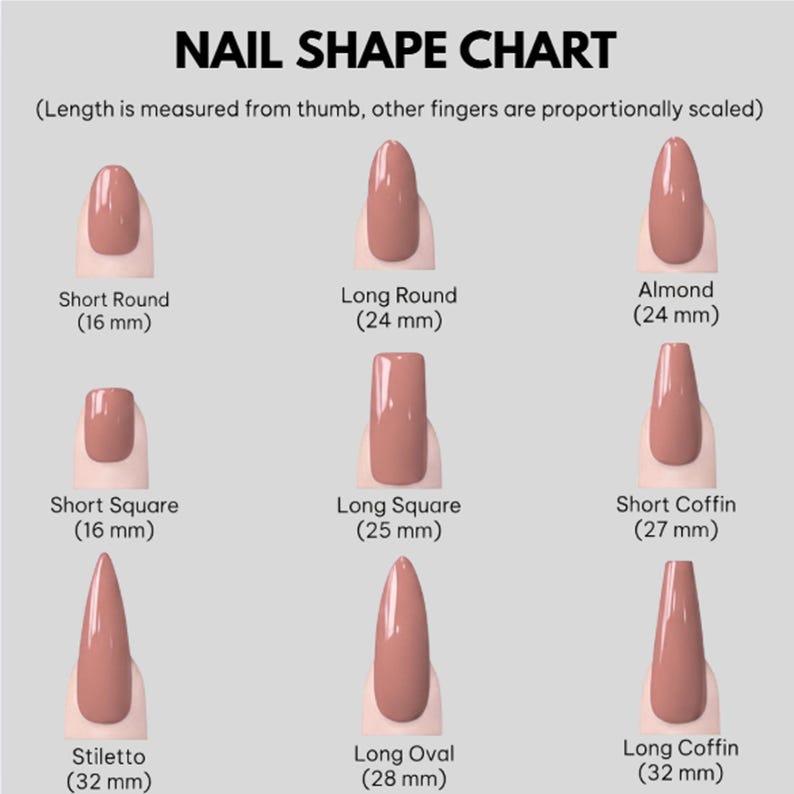 May include: A nail shape chart displays various nail styles, including Short Round (16 mm), Long Round (24 mm), Almond (24 mm), Short Square (16 mm), Long Square (25 mm), Short Coffin (27 mm), Stiletto (32 mm), Long Oval (28 mm), and Long Coffin (32 mm).
