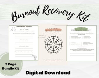 Könnte beinhalten: Ein digitales Download-Bundle mit dem Titel "Burnout Recovery Kit". Das Kit enthält drei Seiten: "Burnout in Echtzeit erkennen", ein "Burnout Recovery Wheel" und "Erlebe ich Burnout?". Der Text ist schwarz auf cremefarbenem Hintergrund.