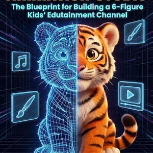 Puede incluir: Ilustración digital de un tigre, mitad en entramado de alambre azul y mitad en pelaje naranja y negro. El título "THE AUTOMATED ANIMATION STUDIO" está en letras doradas, con el subtítulo "The Blueprint for Building a 6-Figure Kids' Edutainment Channel."