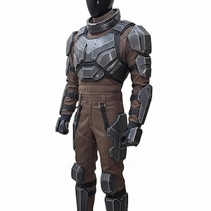 May include: A full body brown and black costume with armor plating. The costume includes a high collar, chest and shoulder armor, elbow and knee pads, and gloves. The costume is displayed on a mannequin against a white background.