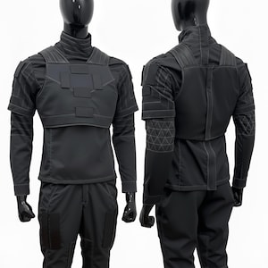 Handmade dark gray Mandalorian flight suit paired with a matching charcoal flak vest for armor mounting.