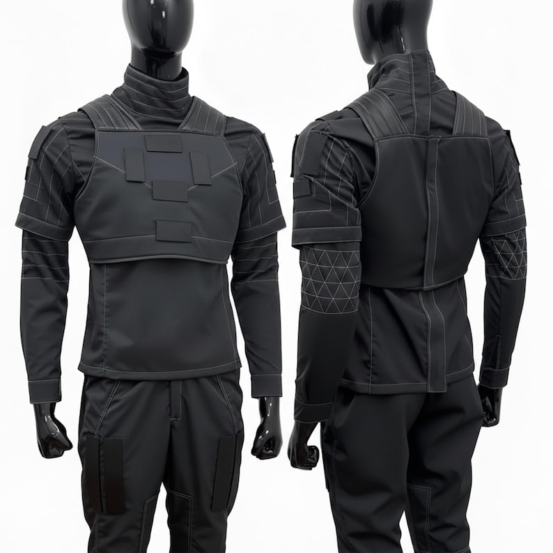 Handmade dark gray Mandalorian flight suit paired with a matching charcoal flak vest for armor mounting.