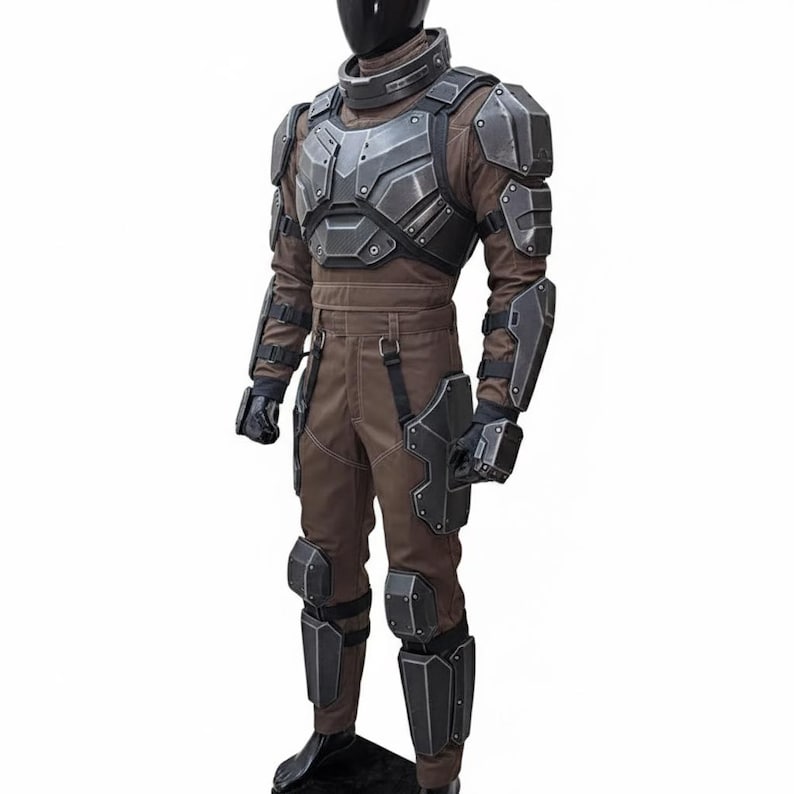 May include: A full body brown and black costume with armor plating. The costume includes a high collar, chest and shoulder armor, elbow and knee pads, and gloves. The costume is displayed on a mannequin against a white background.