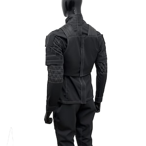 Side profile of a tailored Mando-inspired cosplay set showing the sturdy fabric and professional stitching.
