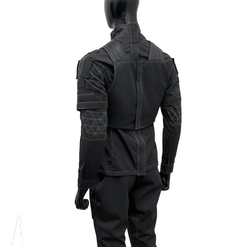 Side profile of a tailored Mando-inspired cosplay set showing the sturdy fabric and professional stitching.