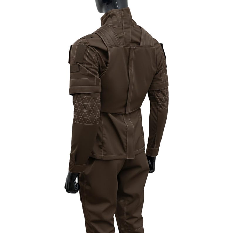 Detailed view of the flight suit sleeve showing the ribbed texture and Velcro attachments for Mandalorian gauntlets.