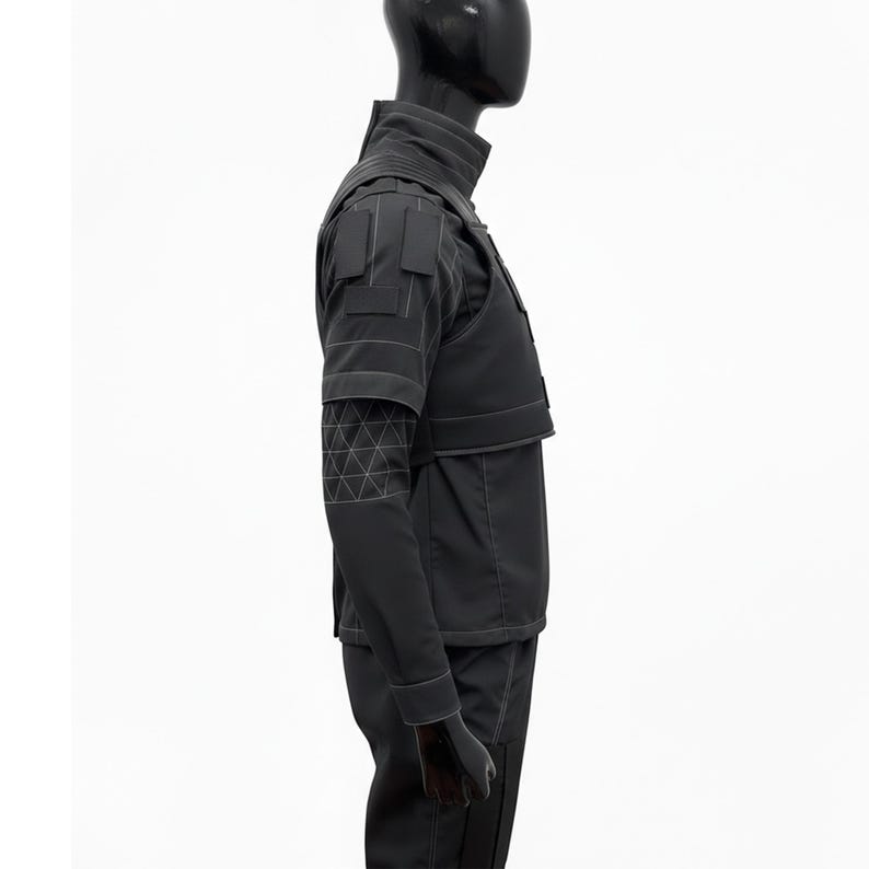 Side profile of a tailored Mando-inspired cosplay set showing the sturdy fabric and professional stitching.