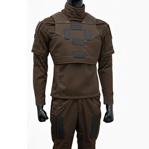 Full-length view of a two-piece charcoal grey Mandalorian undersuit for Beskar armor cosplay.