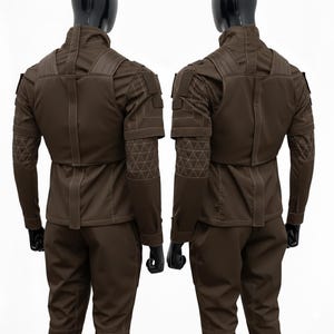 Detailed view of the flight suit sleeve showing the ribbed texture and Velcro attachments for Mandalorian gauntlets.