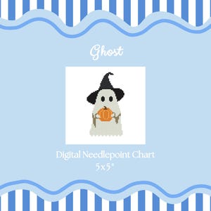 May include: A digital needlepoint chart featuring a ghost wearing a black witch hat and holding an orange pumpkin. The image is set against a light blue background with a wavy border and blue and white stripes. The text "Ghost" and "5x5" are also included.