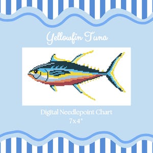 May include: A digital needlepoint chart featuring a pixelated yellowfin tuna design. The fish is rendered in shades of blue, yellow, and red. The chart measures 17.78 x 10.16 cm and is set against a light blue background with a wavy border.