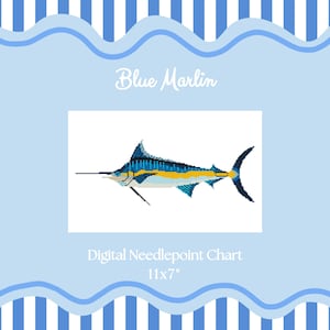 May include: Digital needlepoint chart featuring a blue marlin fish design. The fish has a blue body with yellow and black accents. The chart is 11x7 inches and set against a light blue background with a wavy border and blue and white stripes.