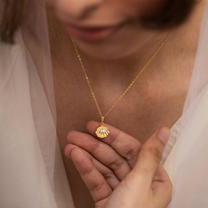 May include: A gold necklace with a seashell pendant and a small pearl. The pendant has a detailed, ridged design. The necklace is worn around the neck. The gold chain is visible.