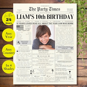 Personalized 2015 Birthday Newspaper Poster: 10th Birthday Gift (Digital Download)