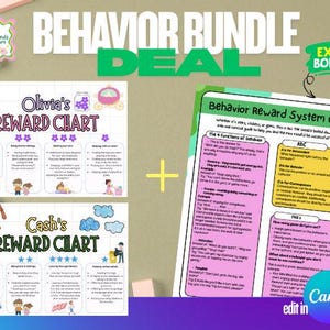 May include: A bundle of printable behavior charts and a guide. The charts are for Olivia and Cash, featuring illustrations and reward categories. The guide provides information on behavior reward systems. The bundle includes an extra bonus.