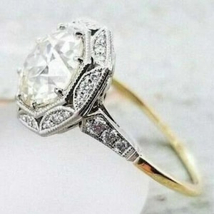 Circa 1900s Vintage Art Deco Engagement Ring,Antique Cushion Diamond  Ring, Yellow & White Gold
