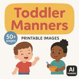 Puede incluir: Ilustración que promociona "Toddler Manners" con texto en una pancarta amarilla. La imagen presenta dos niños de dibujos animados, uno saludando y el otro sosteniendo un cuenco y una cuchara. También incluye el texto "50+ páginas" y "Printable Images".