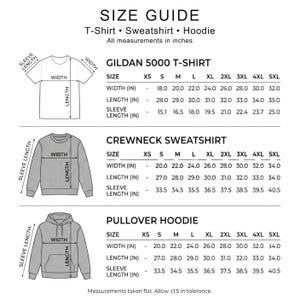 May include: Size guide for t-shirts, sweatshirts, and hoodies. Includes measurements in inches for Gildan 5000 t-shirts, crewneck sweatshirts, and pullover hoodies. Measurements include width, length, and sleeve length for various sizes.