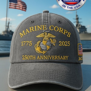 Custom Name U.S. Marine Corps 250th Anniversary Hat 1775–2025 – Gray Embroidered Military Veteran Cap – Made in USA Patriotic Gift