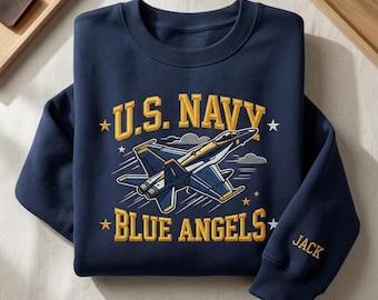 Custom Name US Navy Blue Angels Sweatshirt, Fighter Jet Patriotic Shirt, Aviation Crewneck, Military USA Shirt, 4th of July Gift