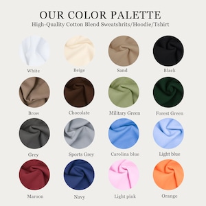 May include: A color palette showcasing swatches of fabric in various colors. The palette includes white, beige, sand, black, brown, chocolate, military green, forest green, grey, sports grey, Carolina blue, light blue, maroon, navy, light pink, and orange.