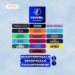 May include: An image showing the NWSL standings, with team names on coloured rectangles. The image includes the NWSL logo and text for Quarterfinals, Semifinals, and Championship.