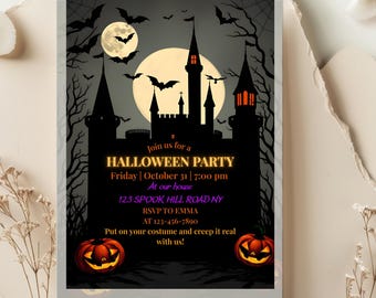 Invitación editable para fiesta de Halloween / Invitación para fiesta de Halloween con castillo / Versión para teléfono incluida / Descarga instantánea / Plantilla Canva