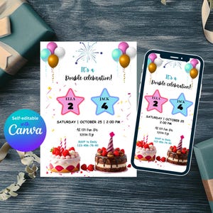 Double Birthday Invitation, Phone Version Included, Join Party Birthday Invitation, Sibling Birthday Party, Editable Canva Template
