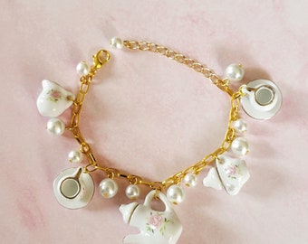 Pink rose Tea Set Bracelet