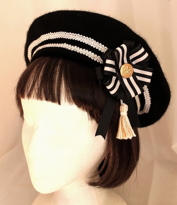 Black Wool Beret with Black Ribbon/Button Detail Black Wool Felt Beret Hat With Black Velvet Ribbon Bow  main image 2