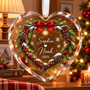 Personalized Christmas Wreath Glass Ornament, Custom Name Couple Heart Keepsake