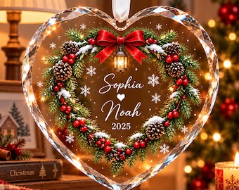 Personalized Christmas Wreath Glass Ornament, Custom Name Couple Heart Keepsake