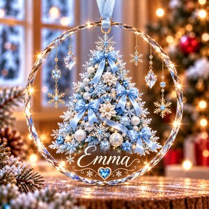 Personalized Christmas Tree Glass Ornament, Custom Name Emerald Green Keepsake