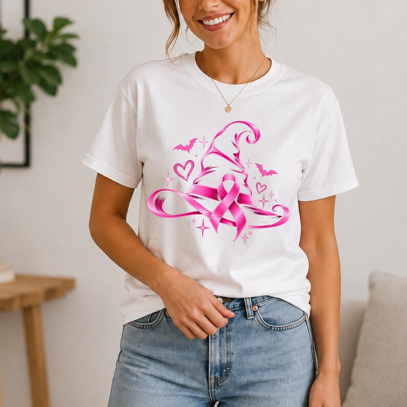 May include: A white short-sleeve t-shirt featuring a graphic print of a pink witch hat adorned with a breast cancer awareness ribbon. The design includes small pink hearts, stars, and bat silhouettes surrounding the central hat illustration.