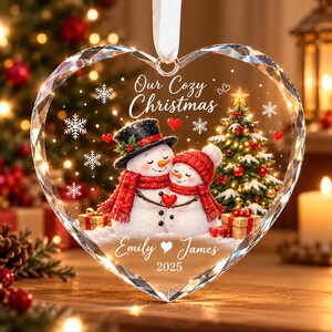 Personalized Snowman Couple Glass Christmas Ornament, Custom Name Heart Keepsake