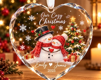 Personalized Snowman Couple Glass Christmas Ornament, Custom Name Heart Keepsake