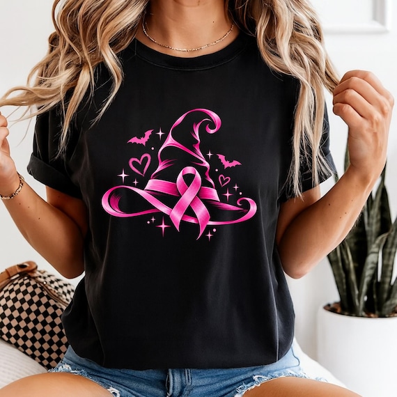 Pink Ribbon Witch Hat Shirt, Breast Cancer Awareness Halloween Tee
