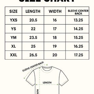 May include: A youth t-shirt size chart with black text on a white background. The table lists sizes YXS through XXL with corresponding length, width, and sleeve centre back measurements in cm. A line drawing of a t-shirt shows measurement points.