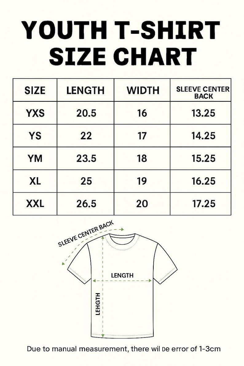 May include: A youth t-shirt size chart with black text on a white background. The table lists sizes YXS through XXL with corresponding length, width, and sleeve centre back measurements in cm. A line drawing of a t-shirt shows measurement points.