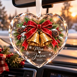 Personalized Christmas Bells Glass Ornament, Custom Name Couple Heart Keepsake