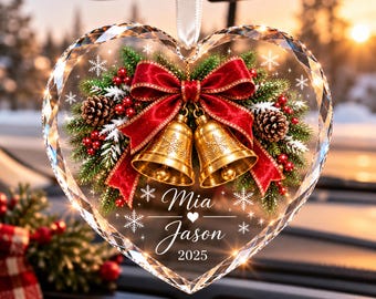 Personalized Christmas Bells Glass Ornament, Custom Name Couple Heart Keepsake