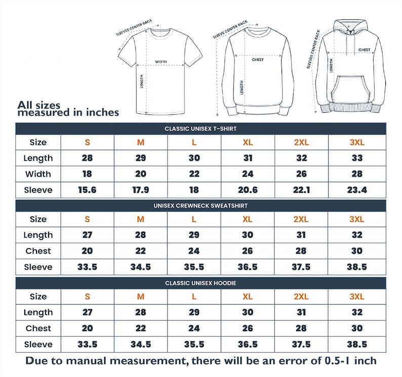 May include: A sizing chart for apparel featuring line drawings of a t-shirt, crewneck sweatshirt, and hoodie. The text reads All sizes measured in inches and includes tables for length, width, chest, and sleeve measurements from size S to 3XL.