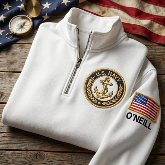 Custom Name US Navy Quarter Zip Sweatshirt, Personalized Embroidered Pullover, Military Shirt Men, Veteran Sweater Gift Independence Day