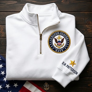 Custom Name Embroidered Navy Quarter Zip Sweatshirt, Veteran Gift For Men, Personalized Military Shirt, Patriotic Independence Day Gifts