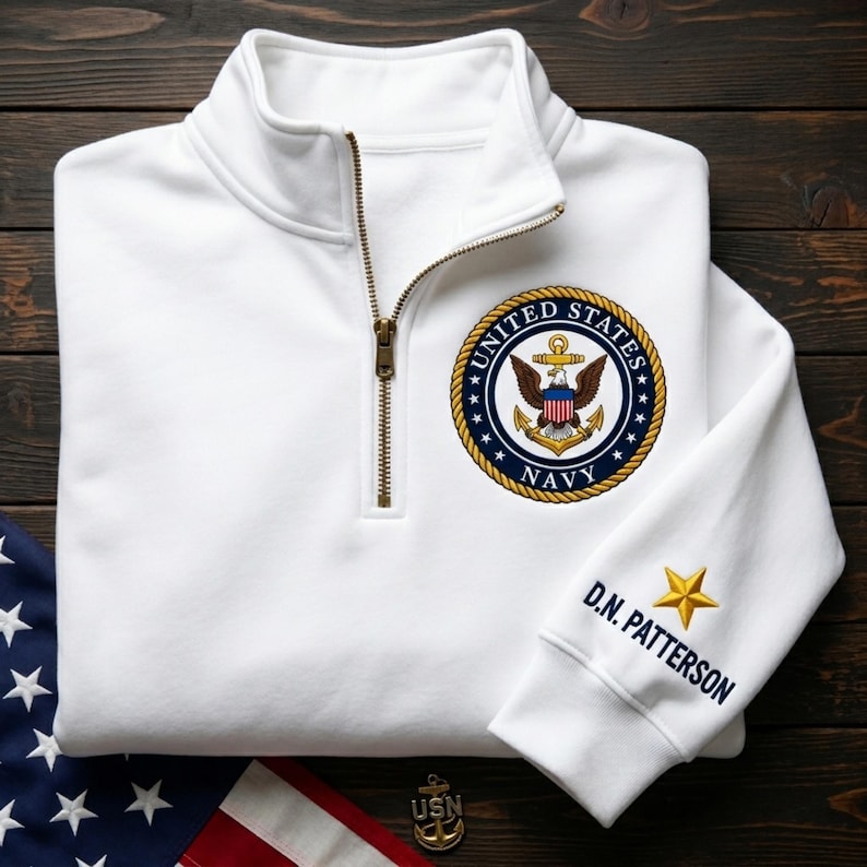 Custom Name Embroidered Navy Quarter Zip Sweatshirt, Veteran Gift For Men, Personalized Military Shirt, Patriotic Independence Day Gifts